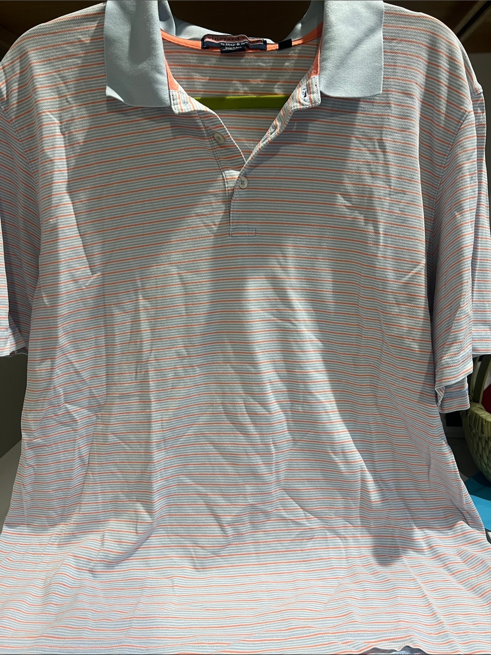 Vineyard Vines Men's Short-Sleeve Polo Shirt in Light Blue and Coral Stripes